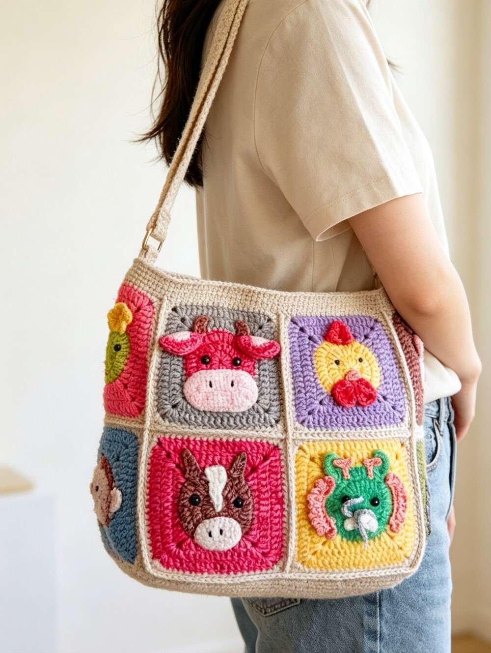 Cream Crochet Patchwork Crossbody Bag with Multicolor Animal Squares